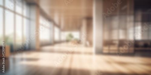 Blurred background of modern office with panoramic windows in pleasant natural beige and brown tones.