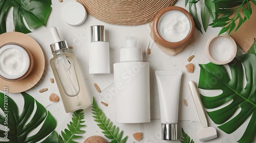 lsolated blank white skincare product set, no label or logo, surrounded bynatural items, marketing mockup, marketing concept 