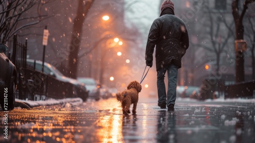 A man walks his Yorkshire terrier dog in the rain along the street of city