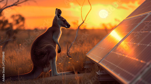 An Australian kangaroo stands contemplatively beside solar panels as the sun sets, casting a warm glow over the outback. 