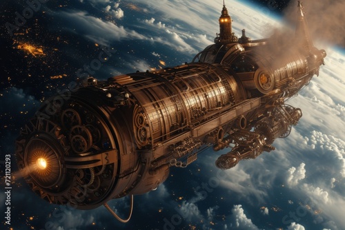 A steampunk-inspired spacecraft with gears and steam, orbiting an alternative Victorian-era Earth