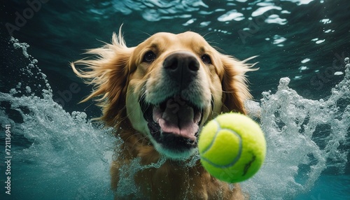 Spectacular portrait of a golden retriever chasing a tennis ball underwater 