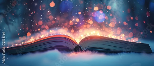 open book with a northern lights scene, where soft, colorful lights seem to dance above the pages. fantasy scenery