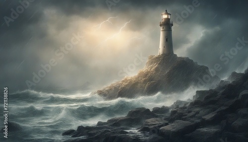 a lighthouse on a rocky ground that shines among the big waves in rainy, lightning and foggy weather 