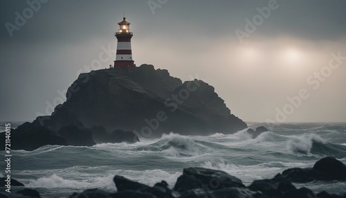 a lighthouse on a rocky ground that shines in rainy, lightning and foggy weather amidst huge huge wave