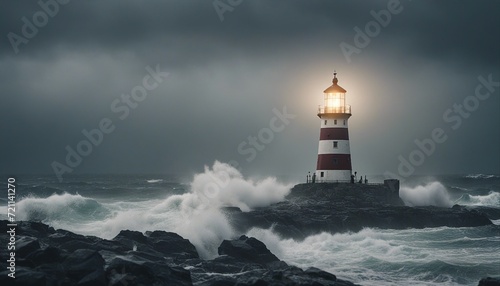 a lighthouse on a rocky ground that shines in rainy, lightning and foggy weather amidst huge huge wave