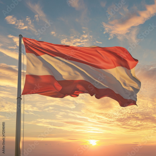 The flag of Austria waiving during sunrise. 