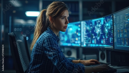 woman sitting at computer in room with two monitors, in the style of scientific accuracy