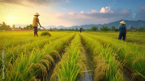 Asian farmer workers working at rice farm fields