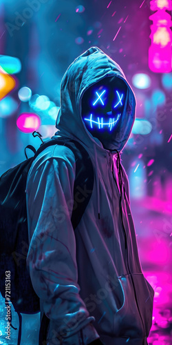 white hoodie worn by man wearing purge mask with neon lights and wearing black backpack .wallpaper background 