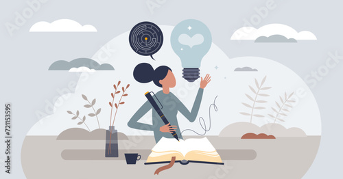 Self awareness and writing diary to understand daily emotions tiny person concept. Journaling feelings as psychological method to perceive and understand yourself mental mindset vector illustration.
