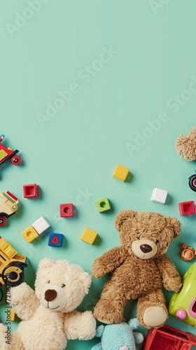Baby kids toys background. Teddy bears, wooden train, toy cars, colorful blocks on light green background. Top view, Generative AI