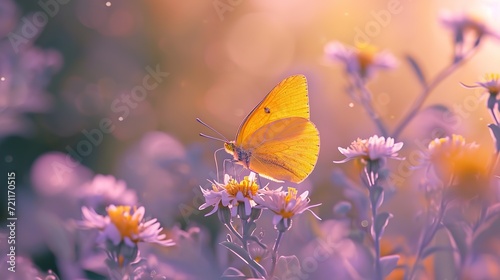 As dawn breaks, a yellow butterfly with gossamer wings alights on a cluster of wild daisies, enveloped in a warm, hazy glow.