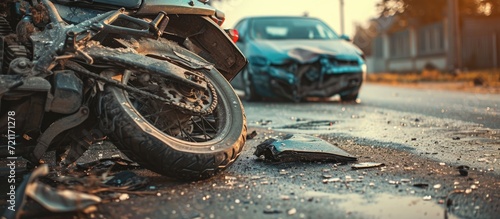 Motorcycle and car damaged in crash.