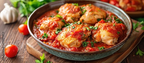 Traditional chicken cacciatore in tomato sauce, seen from the front.