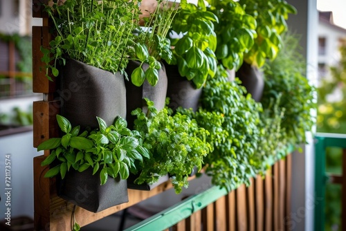 Balcony herb garden concept. Modern vertical lush herb garden planter bags hanging on city apartment balcony wall, with planter boxes pots of mint, rosemary thyme growing in urban, Generative AI