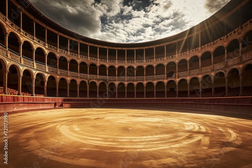 Empty round bullfight arena in Spain. Spanish bullring for traditional performance of bullfight, Generative AI