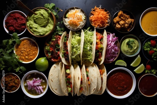 A taco bar with a variety of toppings.