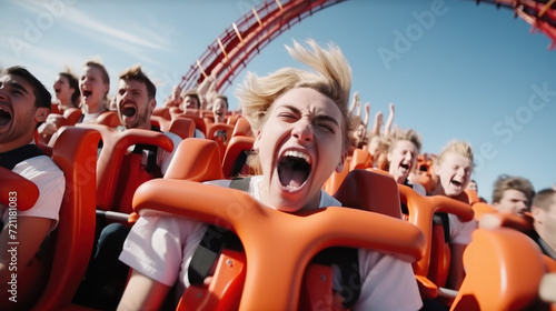 Amusement park. Loop. Fear. Young friends on thrilling roller coaster ride. Young women and men having fun at amusement park