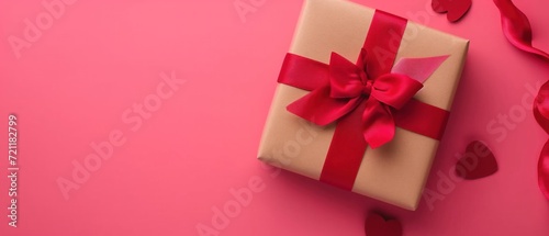 Kraft gift box with beautiful red and pink ribbon, concept of Valentine, birthday, mother's day and anniversary greeting, copyspace, topview.