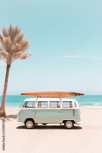 Seaside Escape: Classic Van Parked by Tropical Beach