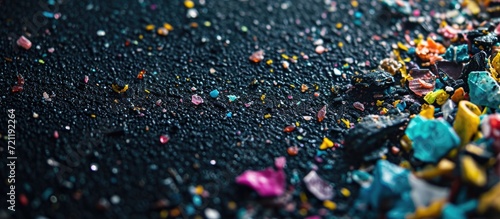 Macro photograph of non-recyclable microplastic particles on a dark background, symbolizing water pollution and global warming.