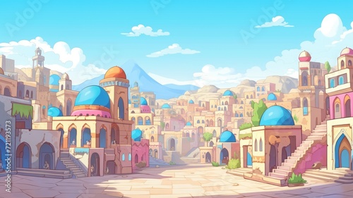 cartoon illustration Panorama of ancient arab city with houses and the Arab market.