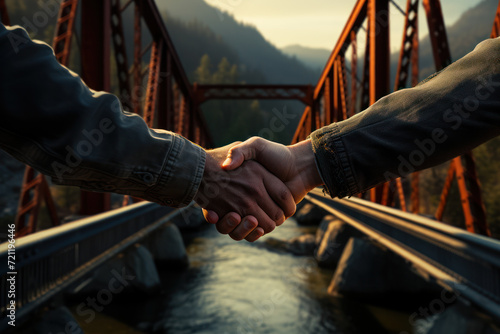 A handshake forming a bridge over a digital divide, illustrating the bridging of gaps through trust. Generative Ai.