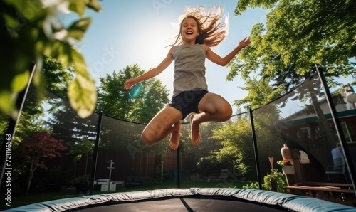 A Joyful Girl Soaring Through the Air, Experiencing the Thrill of a Backyard Trampoline