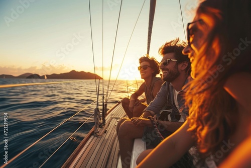 Group of friends having fun in luxury yach boat. Young men and women enjoy travel, vacation, travel on boat yacht sailing in sea, ocean at sunset on, Generative AI