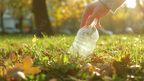 A hand picks up a crumpled plastic bottle from the grass, thrown away by someone, the concept of ecology and environmental care, garbage on the lawn, caring for nature