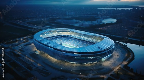 Aerial view on soccer stadium in evening time Foot