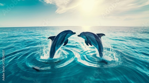 Two dolphins joyfully swim on the surface of the tropical blue waters, forming the shape of a heart.