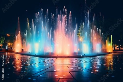 Specially blurred image of colored fountains at night, beautiful bright photos, grainy texture