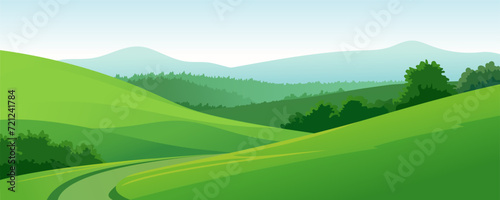 Vector illustration of a landscape of green meadows and fields. Beautiful panoramic summer village landscape with green fields and hills against a blue sky.