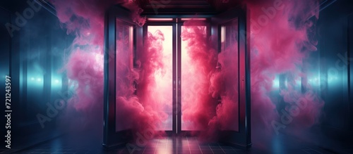 Smoke neon lights Open elevator door, Empty space background