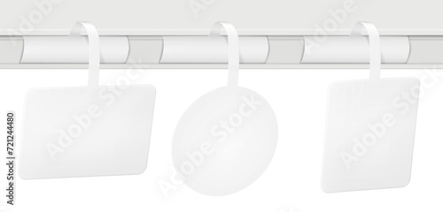 Rectangular, round, square shelf wobbler. Vector mockup set. White blank supermarket dangler realistic mock-up