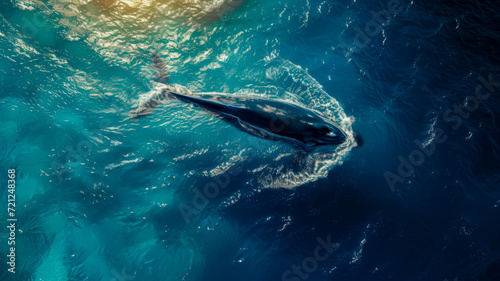 Top view of a whale swimming in the ocean, whale watching, attention to the protection of wild animals and tourism advertising, banner for World Wildlife Day