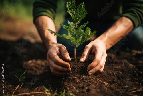 Close up hands planting pine tree seedling in forest. Earth Day save environment concept. renewable resource