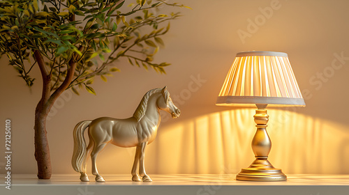 beautiful side lamp home decorative nightstand light in rose gold color and floral pattern horse sculpture figurine art piece as wide banner home decor interior design with copy space, generative ai
