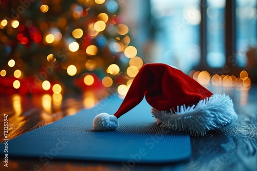 Close up of yoga mat with Santa Clause hat with home decorated for Christmas, New Year. Healthy lifestyle, weight loss, New Year's resolution, Generative AI