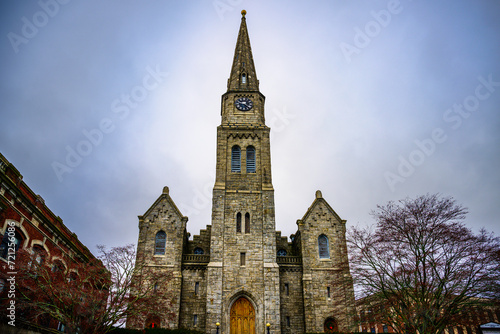 The First Congregational Church, a Gothic Revival-style architecture built in 1853 in Downtown New London Historic District, Connecticut, photo taken on December 28, 2023 prior to steeple collapse.