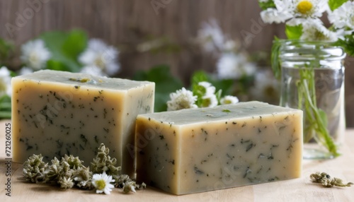 Three bars of soap with herbs on a table