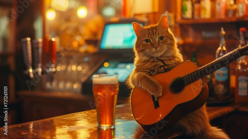 A cat sitting on top of a bar with a guitar