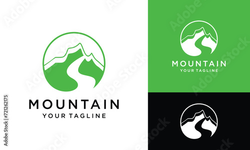 vector mountains with round river water flow logo