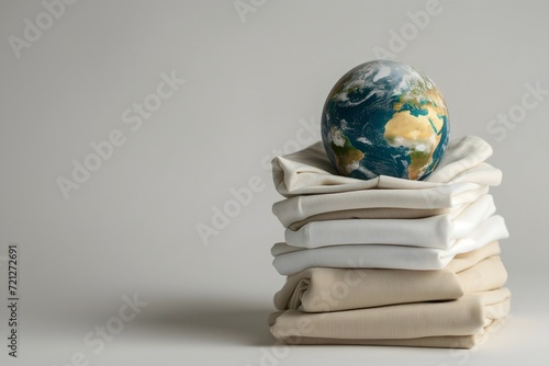 Clothes and planet earth on a white background, conscious lifestyle, green eco-friendly fashion