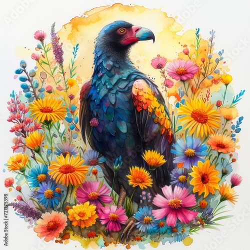 Watercolor Painting of a Vibrant Vulture in a Colorful Flower Field Generative AI