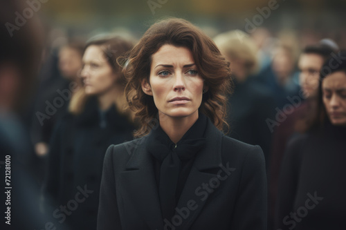 In black clothes. The sadness, deep mourning and heavy pain on the face of a woman attending the funeral. A sad funeral.