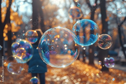 A person creating a time-lapse of heart-shaped soap bubbles floating in the breeze