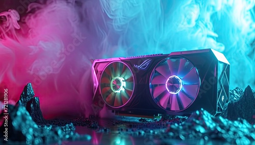 A GPU, its spinning cooling fans accentuated by colorful wisps of smoke.